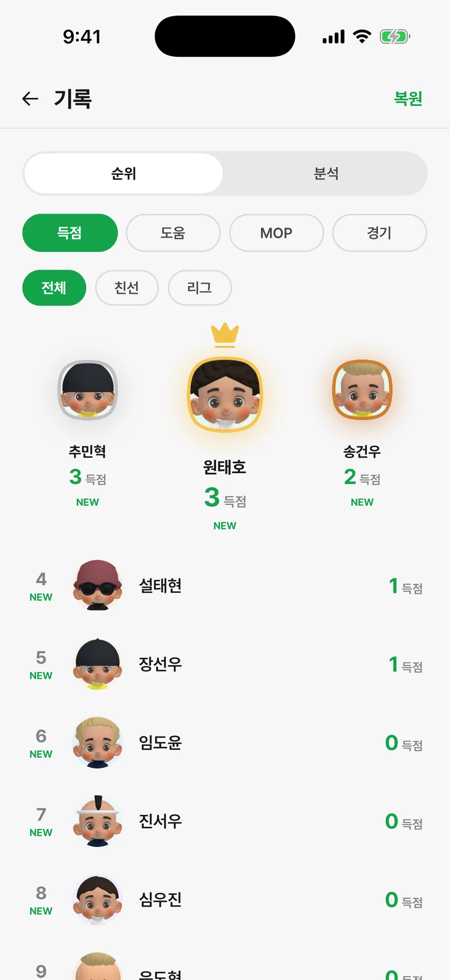 득점 · 도움 · MOP · 경기로 순위를 봐요